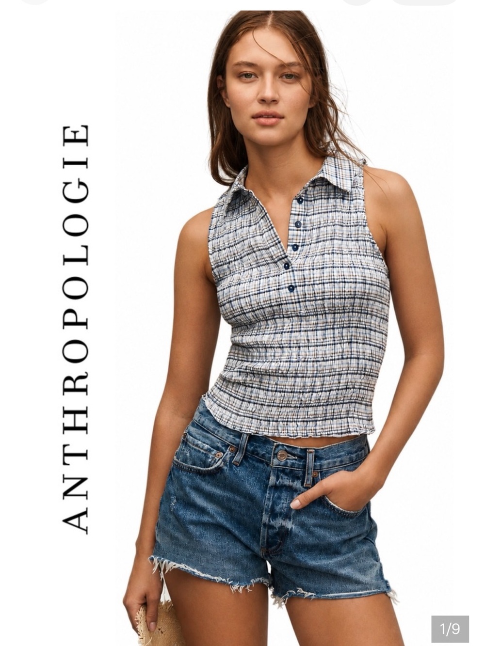 Pilcro Navy and White Smocked Sleeveless Collared Top